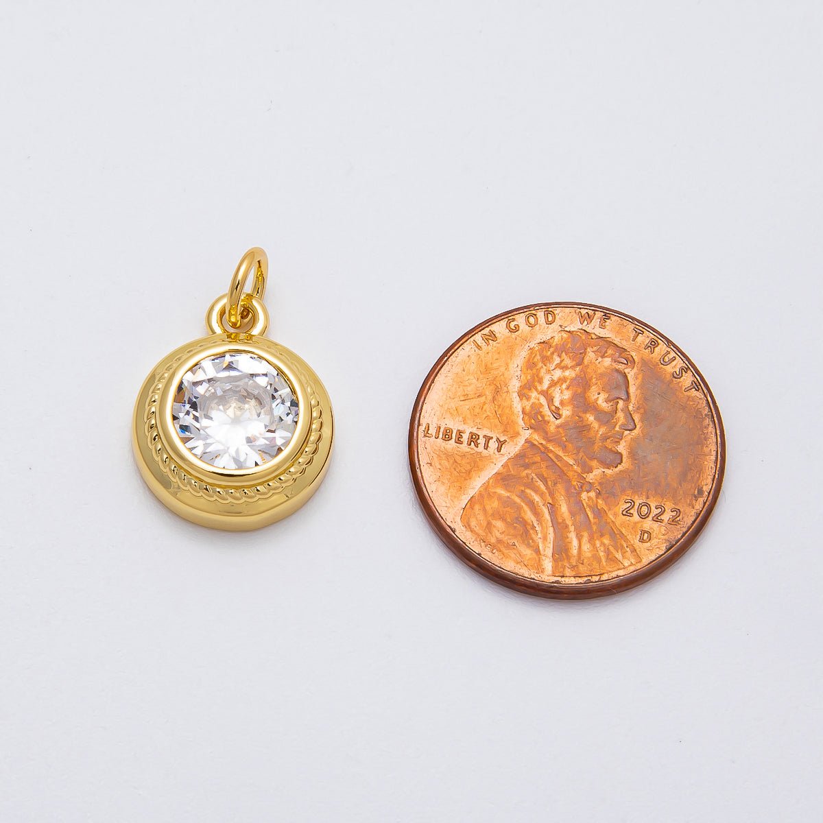 16K Gold Filled 15mm Clear CZ Bezel Round Solitaire Charm | Charms-00473