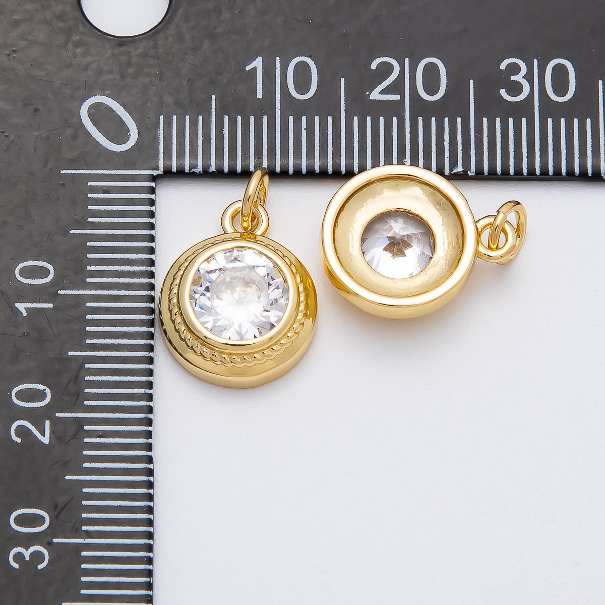16K Gold Filled 15mm Clear CZ Bezel Round Solitaire Charm | Charms-00473