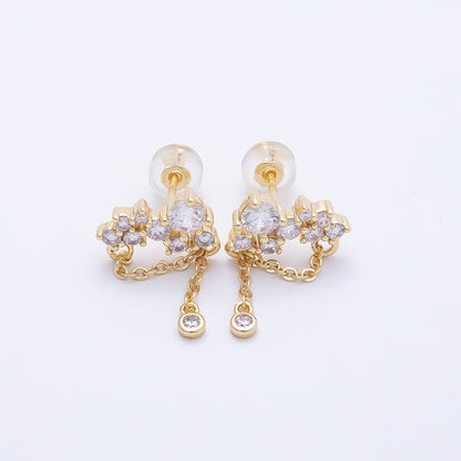 16K Gold Filled 15mm Clear CZ Round Cluster Chain Drop Stud | Earrings-00652