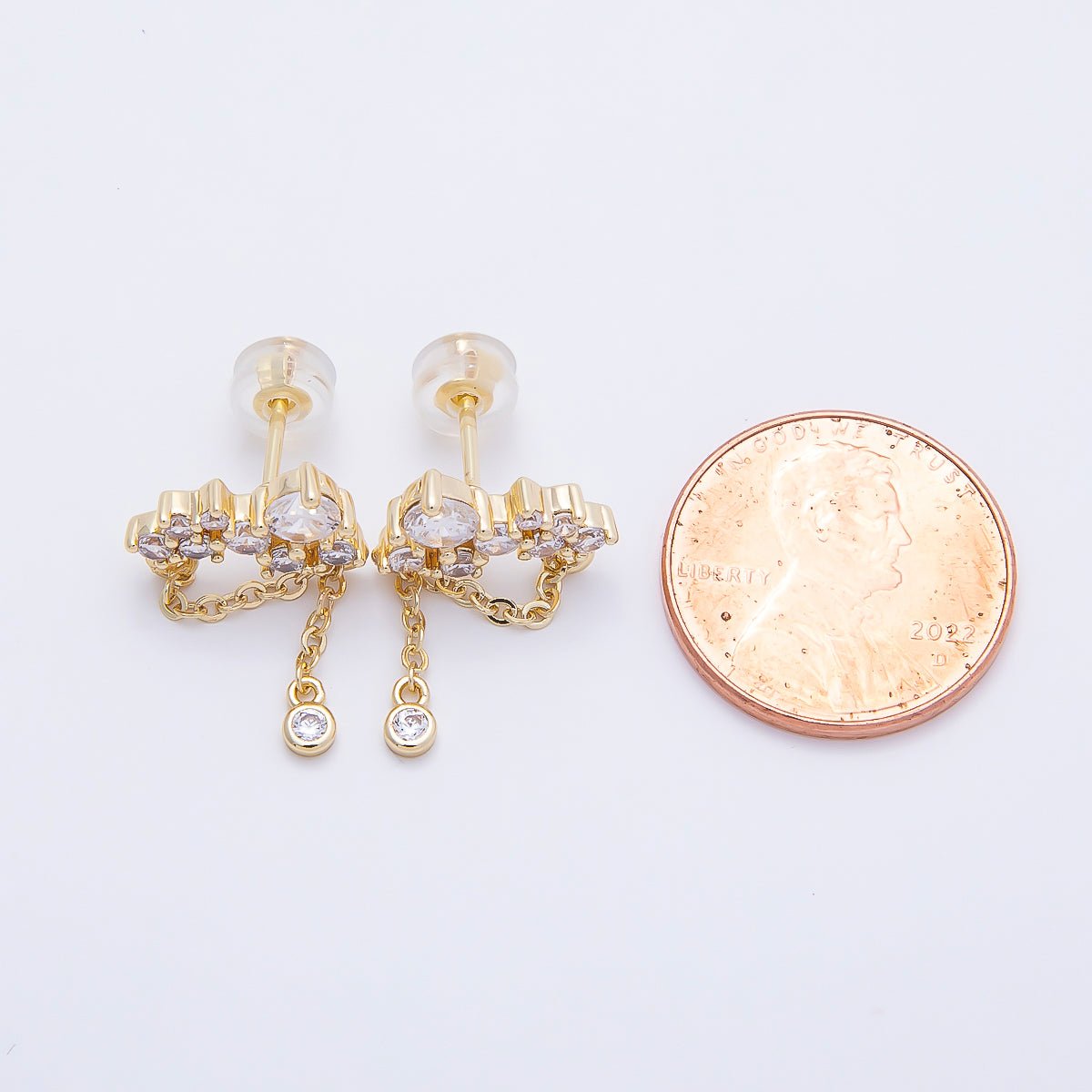 16K Gold Filled 15mm Clear CZ Round Cluster Chain Drop Stud | Earrings-00652