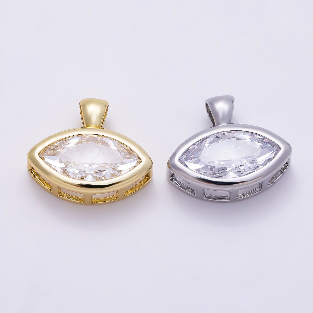 16K Gold Filled 15mm Clear Marquise CZ Ribbed Bezel Mini Pendant in Gold &amp; Silver | Charms-01227 Charms-01228