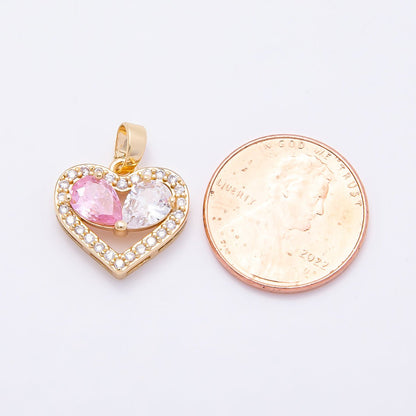 16K Gold Filled 15mm Pink Clear Micro Paved CZ Teardrop Open Heart Pendant | Charms-01043