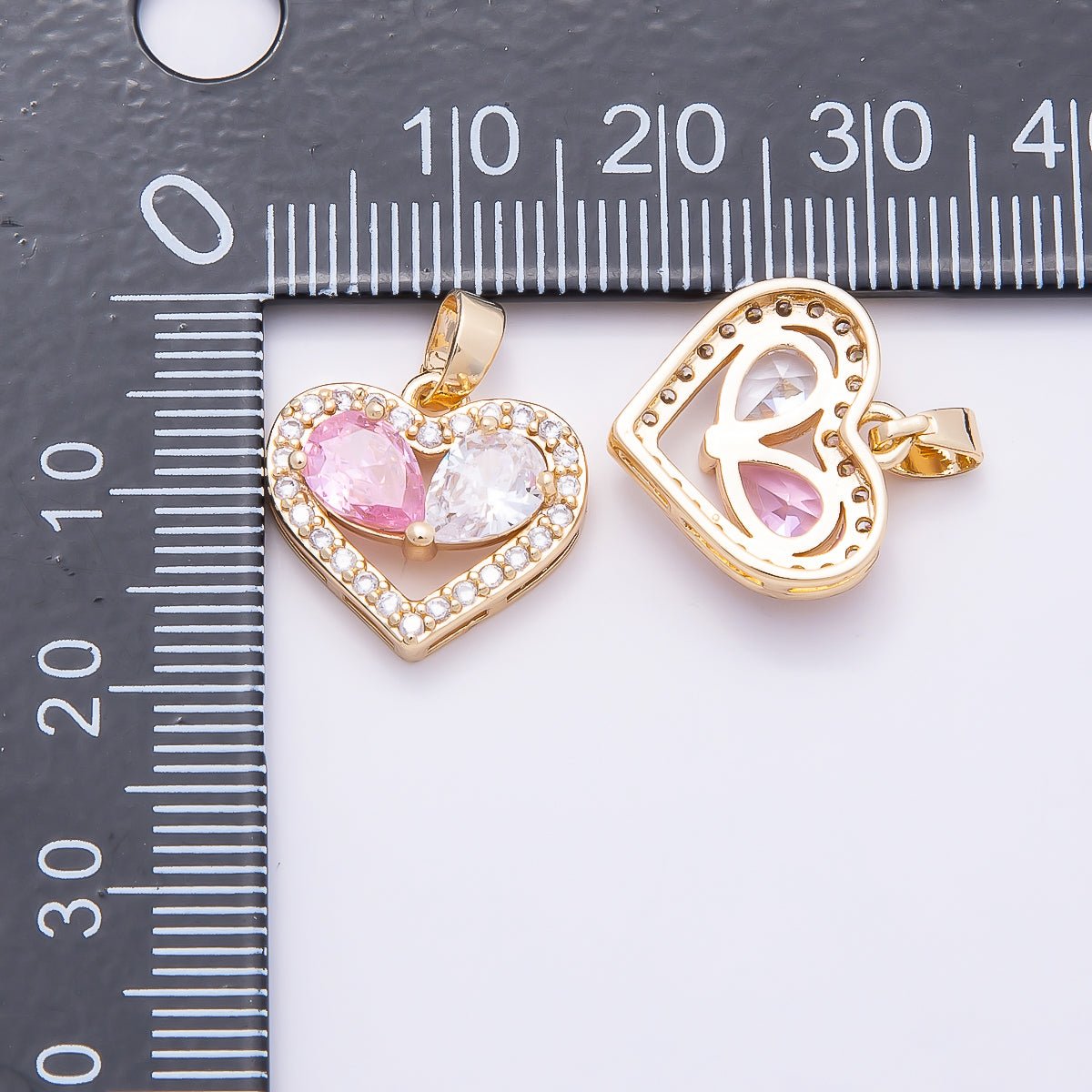16K Gold Filled 15mm Pink Clear Micro Paved CZ Teardrop Open Heart Pendant | Charms-01043