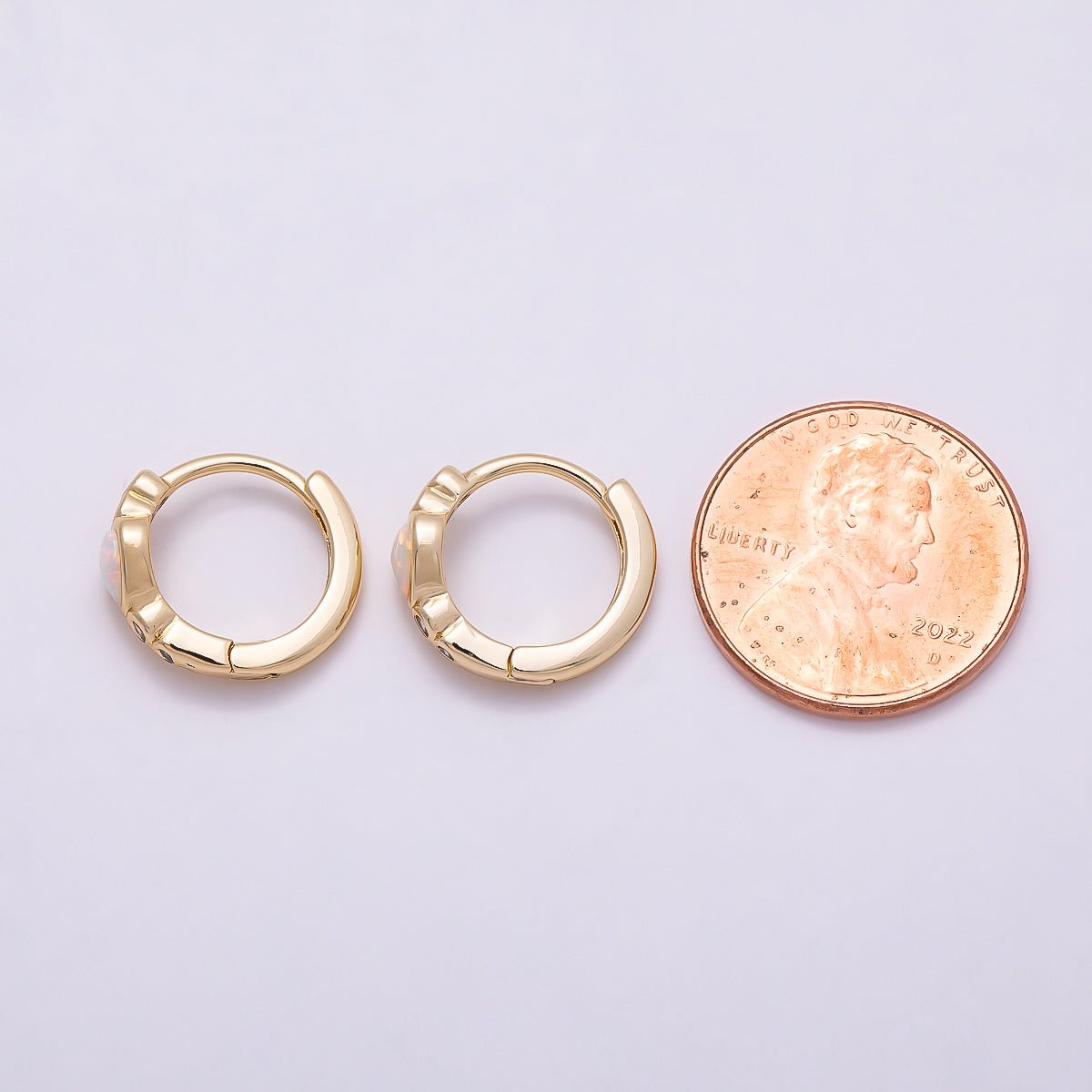 16K Gold Filled 15mm White Opal Clear CZ Dotted Heart Cartilage Huggie Earrings | Earrings-00427