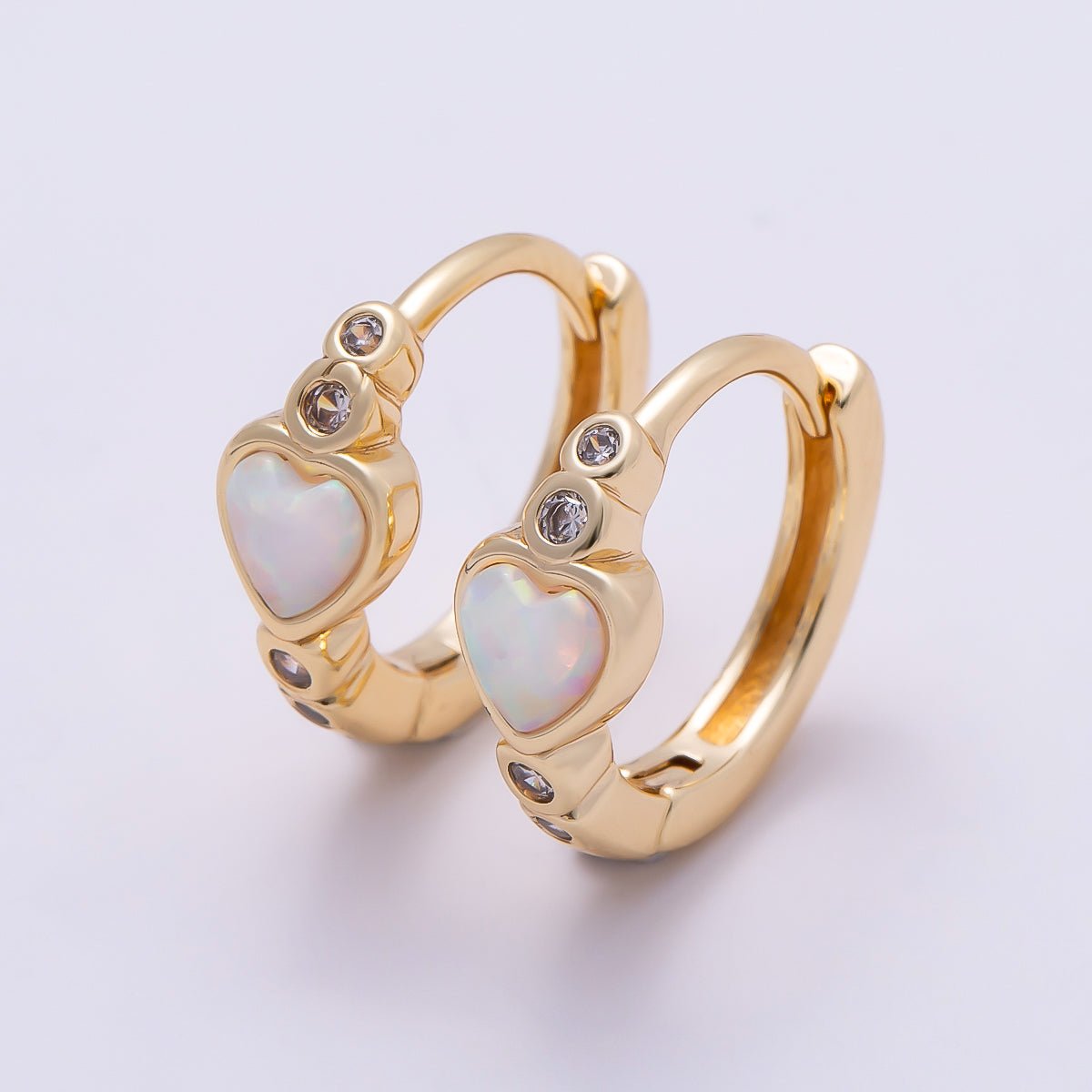 16K Gold Filled 15mm White Opal Clear CZ Dotted Heart Cartilage Huggie Earrings | Earrings-00427