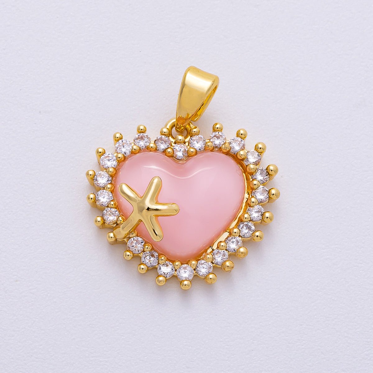16K Gold Filled 15mm White, Pink, Blue Opal Micro Paved CZ Starfish Heart Pendant | Charms-00483 ~ Charms-00485