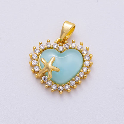 16K Gold Filled 15mm White, Pink, Blue Opal Micro Paved CZ Starfish Heart Pendant | Charms-00483 ~ Charms-00485