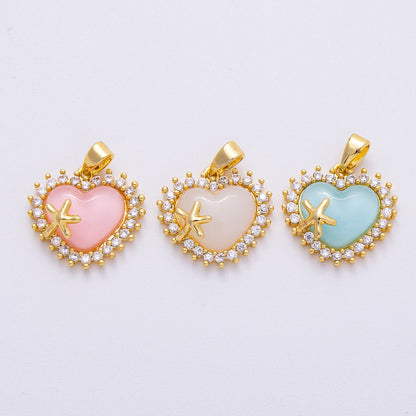 16K Gold Filled 15mm White, Pink, Blue Opal Micro Paved CZ Starfish Heart Pendant | Charms-00483 ~ Charms-00485