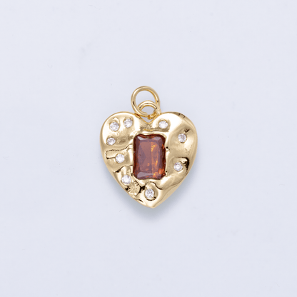 16K Gold Filled 16.5mm Red Baguette CZ Dotted Hammered Heart Charm | Charms-01268