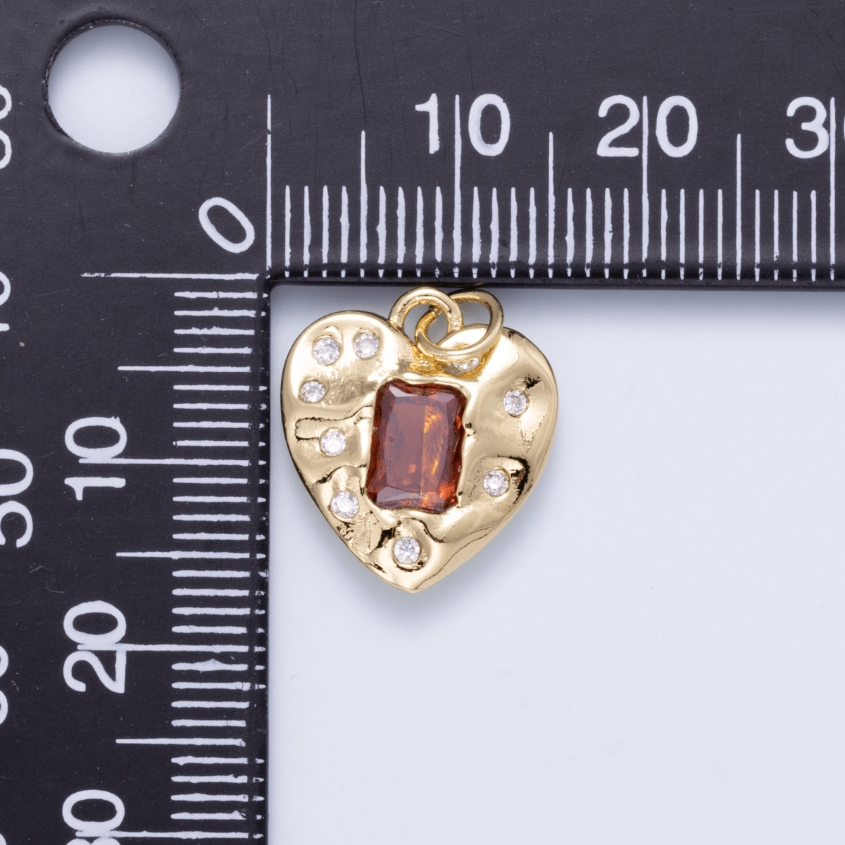 16K Gold Filled 16.5mm Red Baguette CZ Dotted Hammered Heart Charm | Charms-01268