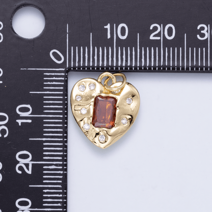 16K Gold Filled 16.5mm Red Baguette CZ Dotted Hammered Heart Charm | Charms-01268