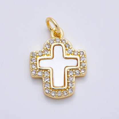 16K Gold Filled 16.5mm Shell Pearl Micro Paved CZ Cross Charm in Gold &amp; Silver | Charms-01257