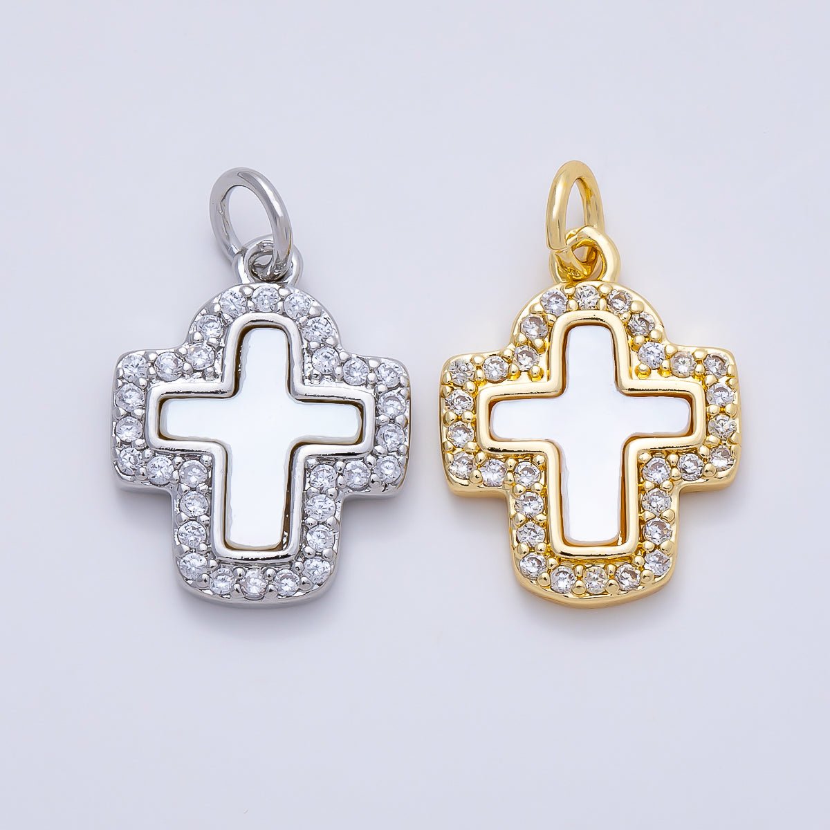16K Gold Filled 16.5mm Shell Pearl Micro Paved CZ Cross Charm in Gold &amp; Silver | Charms-01257