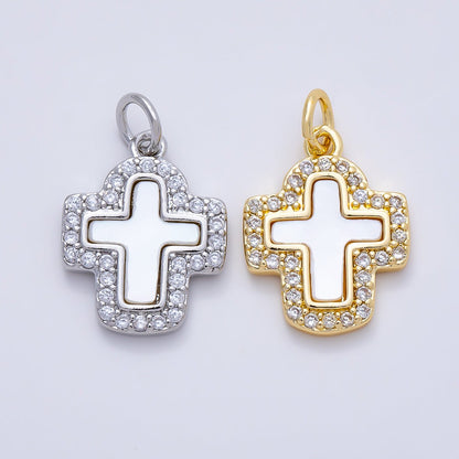 16K Gold Filled 16.5mm Shell Pearl Micro Paved CZ Cross Charm in Gold &amp; Silver | Charms-01257