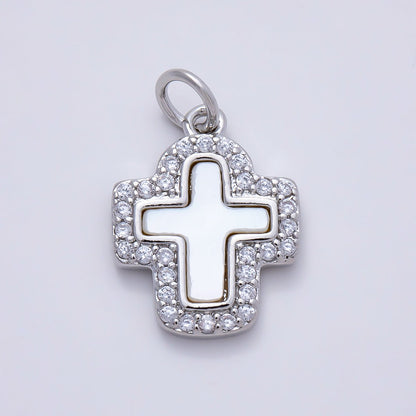 16K Gold Filled 16.5mm Shell Pearl Micro Paved CZ Cross Charm in Gold &amp; Silver | Charms-01257