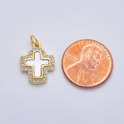 16K Gold Filled 16.5mm Shell Pearl Micro Paved CZ Cross Charm in Gold &amp; Silver | Charms-01257