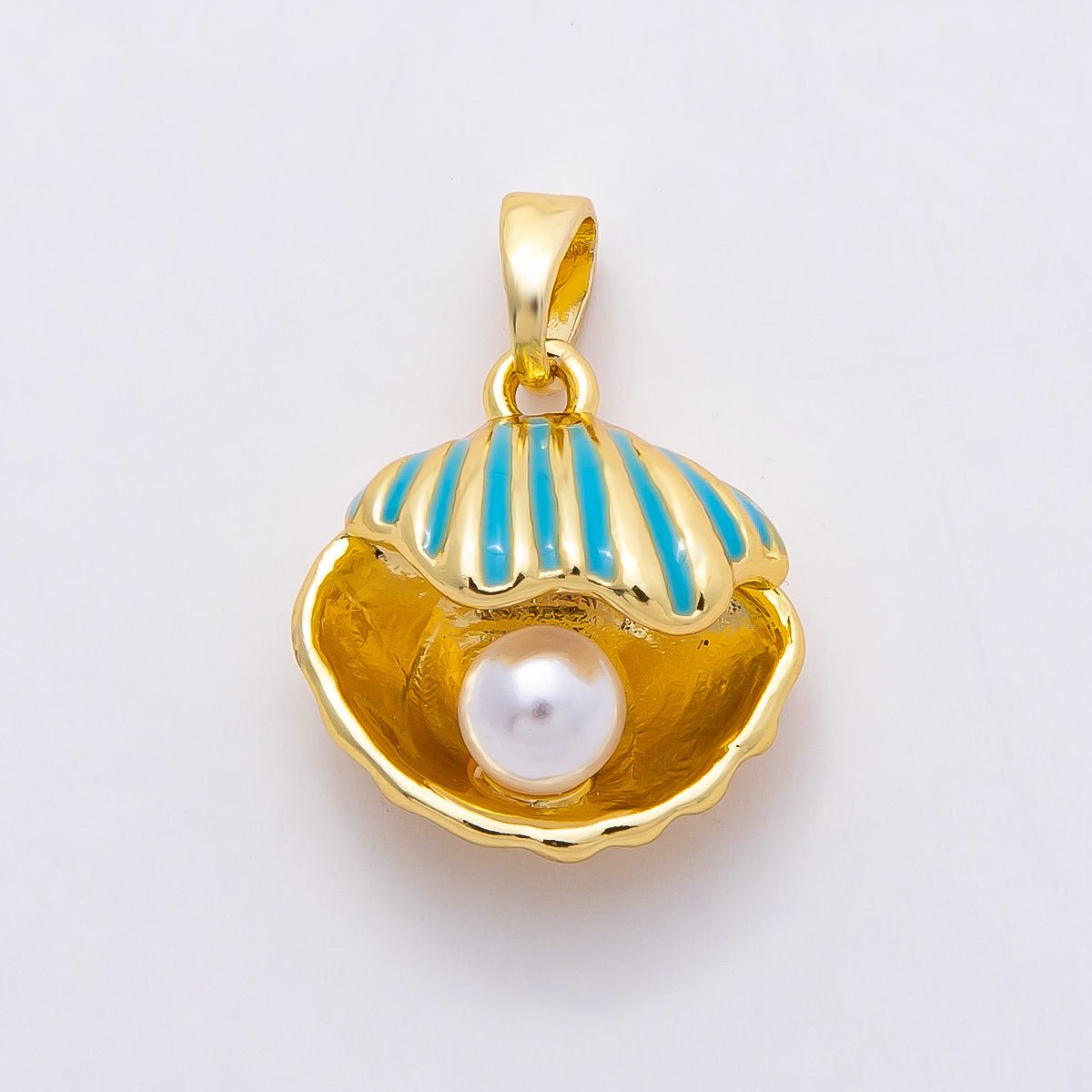 16K Gold Filled 16mm Blue Enamel Shell Pearl Clam Shell Pendant | Charms-00809