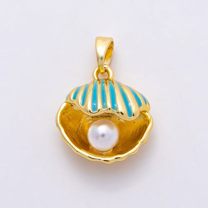 16K Gold Filled 16mm Blue Enamel Shell Pearl Clam Shell Pendant | Charms-00809