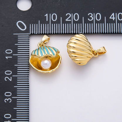 16K Gold Filled 16mm Blue Enamel Shell Pearl Clam Shell Pendant | Charms-00809