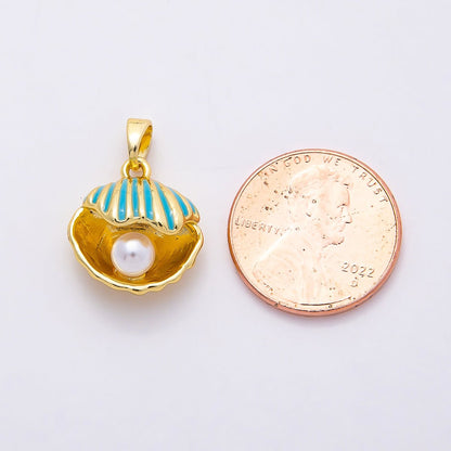 16K Gold Filled 16mm Blue Enamel Shell Pearl Clam Shell Pendant | Charms-00809