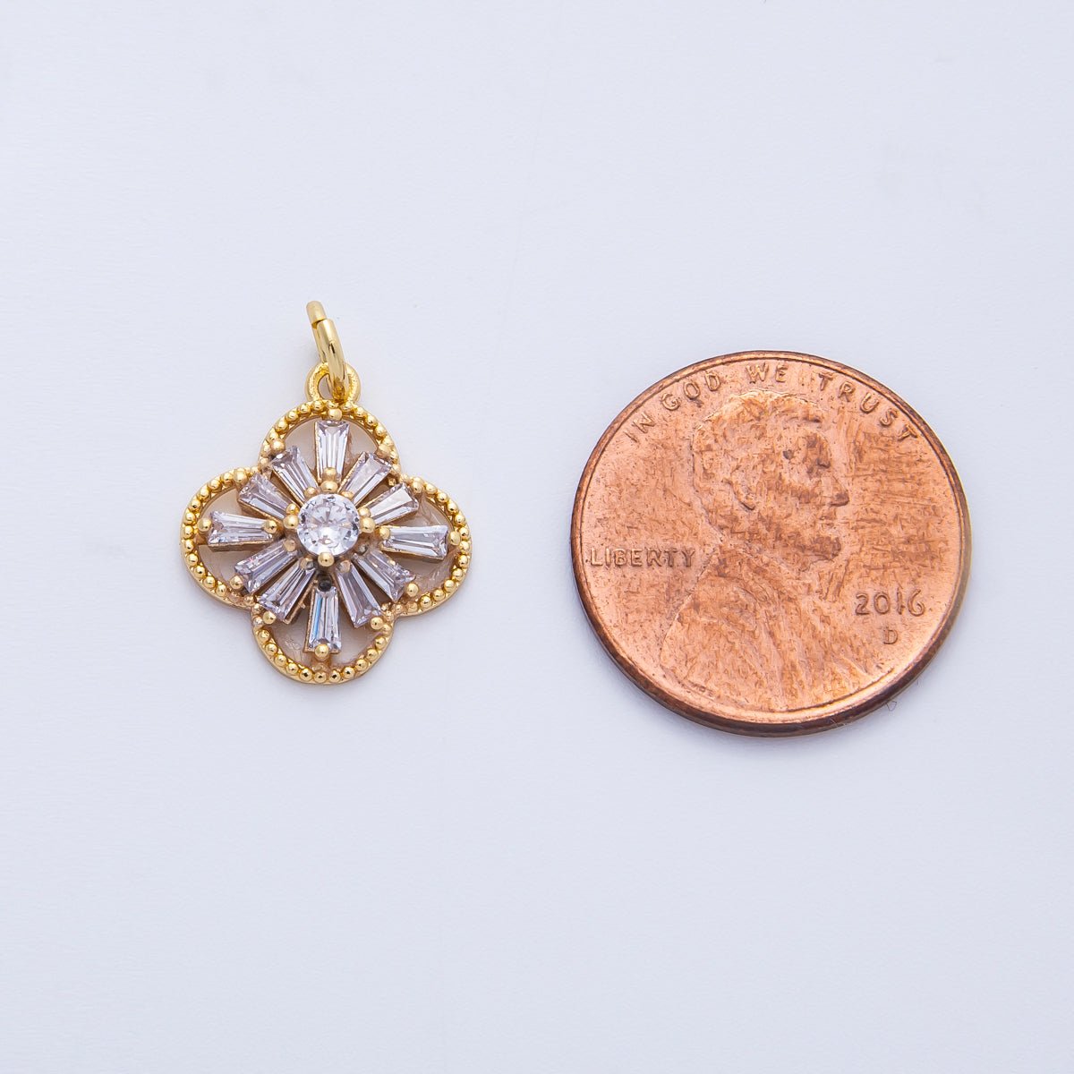 16K Gold Filled 16mm Clear Baguette CZ Four Leaf Clover Flower Charm | Charms-00357