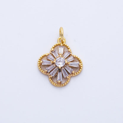16K Gold Filled 16mm Clear Baguette CZ Four Leaf Clover Flower Charm | Charms-00357