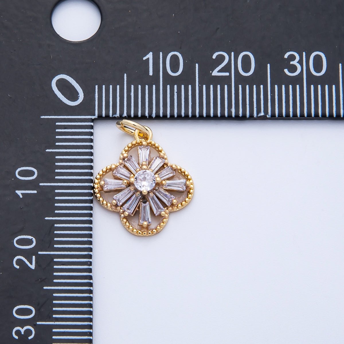 16K Gold Filled 16mm Clear Baguette CZ Four Leaf Clover Flower Charm | Charms-00357