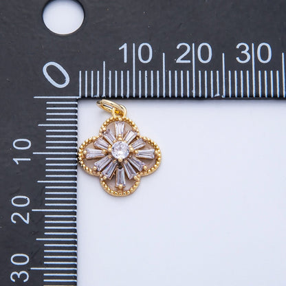 16K Gold Filled 16mm Clear Baguette CZ Four Leaf Clover Flower Charm | Charms-00357
