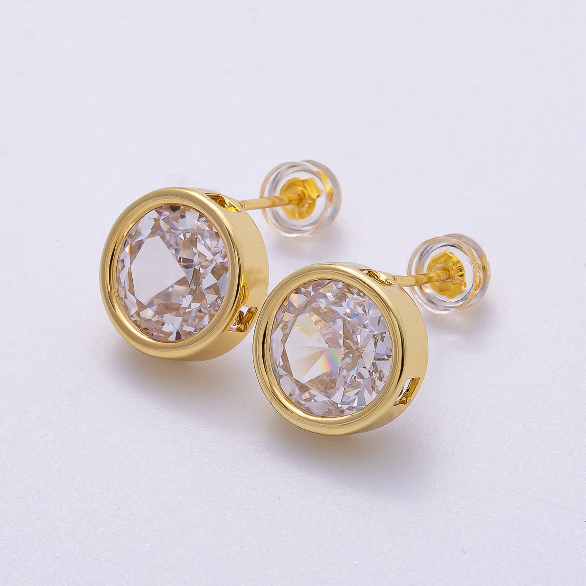 16K Gold Filled 16mm Clear CZ Round Bezel Solitaire Stud Earrings | Earrings-00305