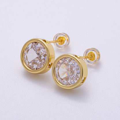16K Gold Filled 16mm Clear CZ Round Bezel Solitaire Stud Earrings | Earrings-00305