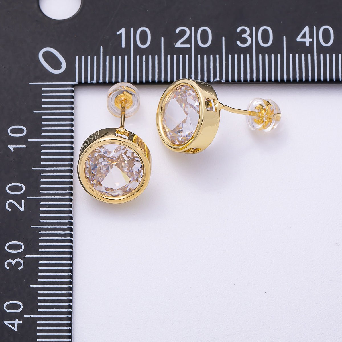 16K Gold Filled 16mm Clear CZ Round Bezel Solitaire Stud Earrings | Earrings-00305