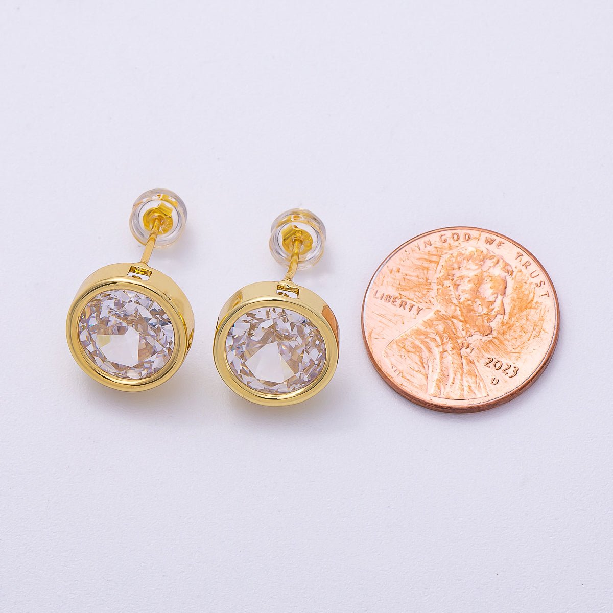 16K Gold Filled 16mm Clear CZ Round Bezel Solitaire Stud Earrings | Earrings-00305
