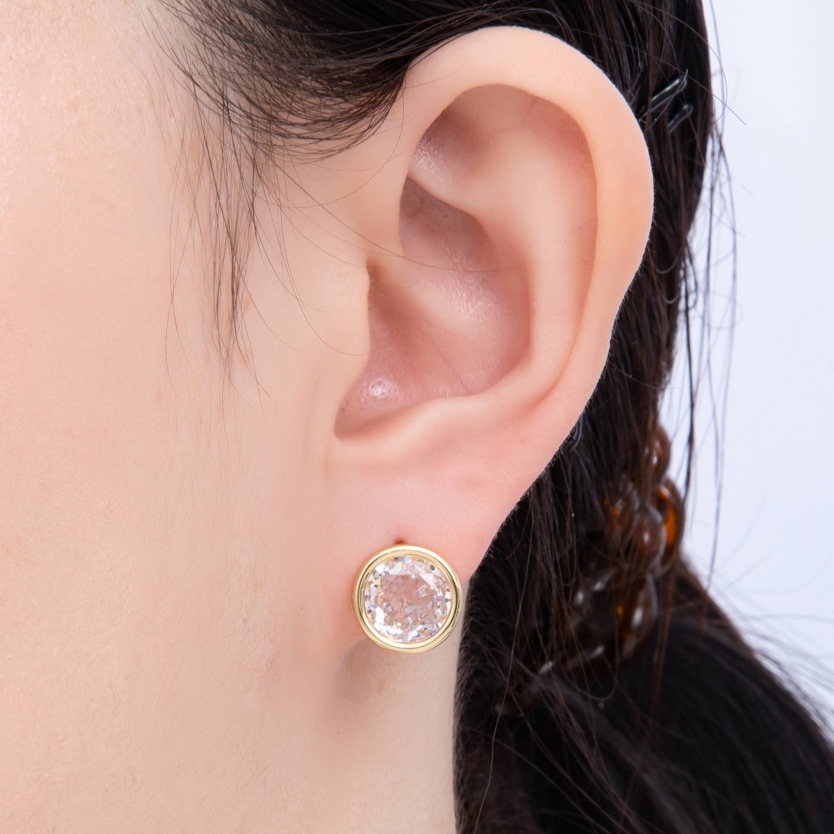 16K Gold Filled 16mm Clear CZ Round Bezel Solitaire Stud Earrings | Earrings-00305