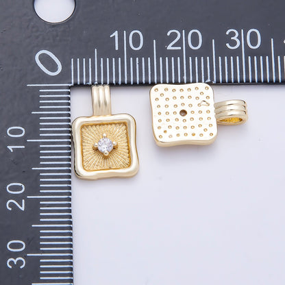 16K Gold Filled 16mm Clear CZ Sunburst Molten Bezel Square Pendant | Charms-01249