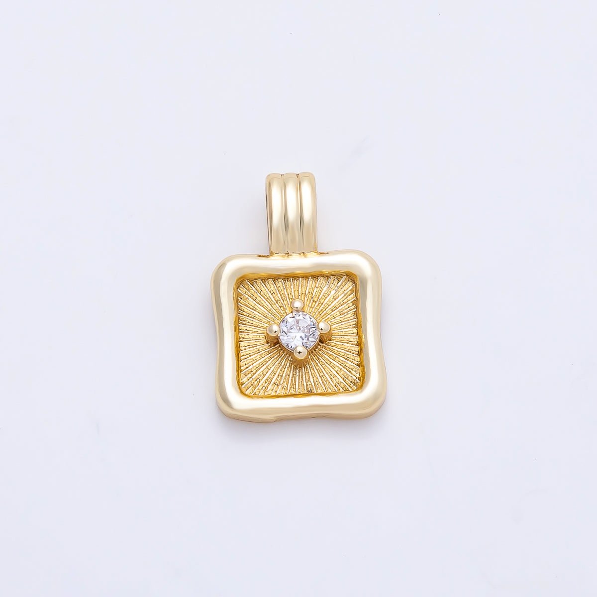 16K Gold Filled 16mm Clear CZ Sunburst Molten Bezel Square Pendant | Charms-01249