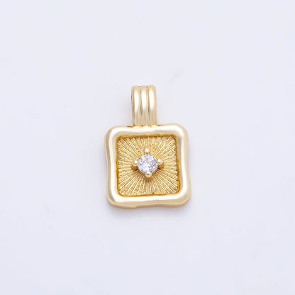 16K Gold Filled 16mm Clear CZ Sunburst Molten Bezel Square Pendant | Charms-01249