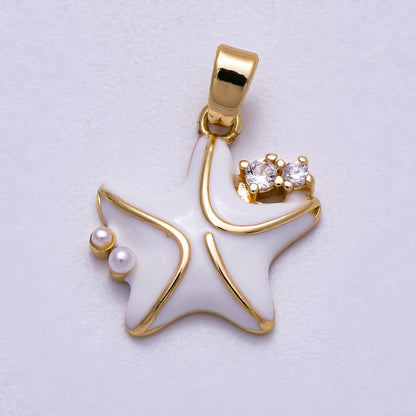 16K Gold Filled 16mm Clear CZ White Enamel Starfish Charm | Charms-00597