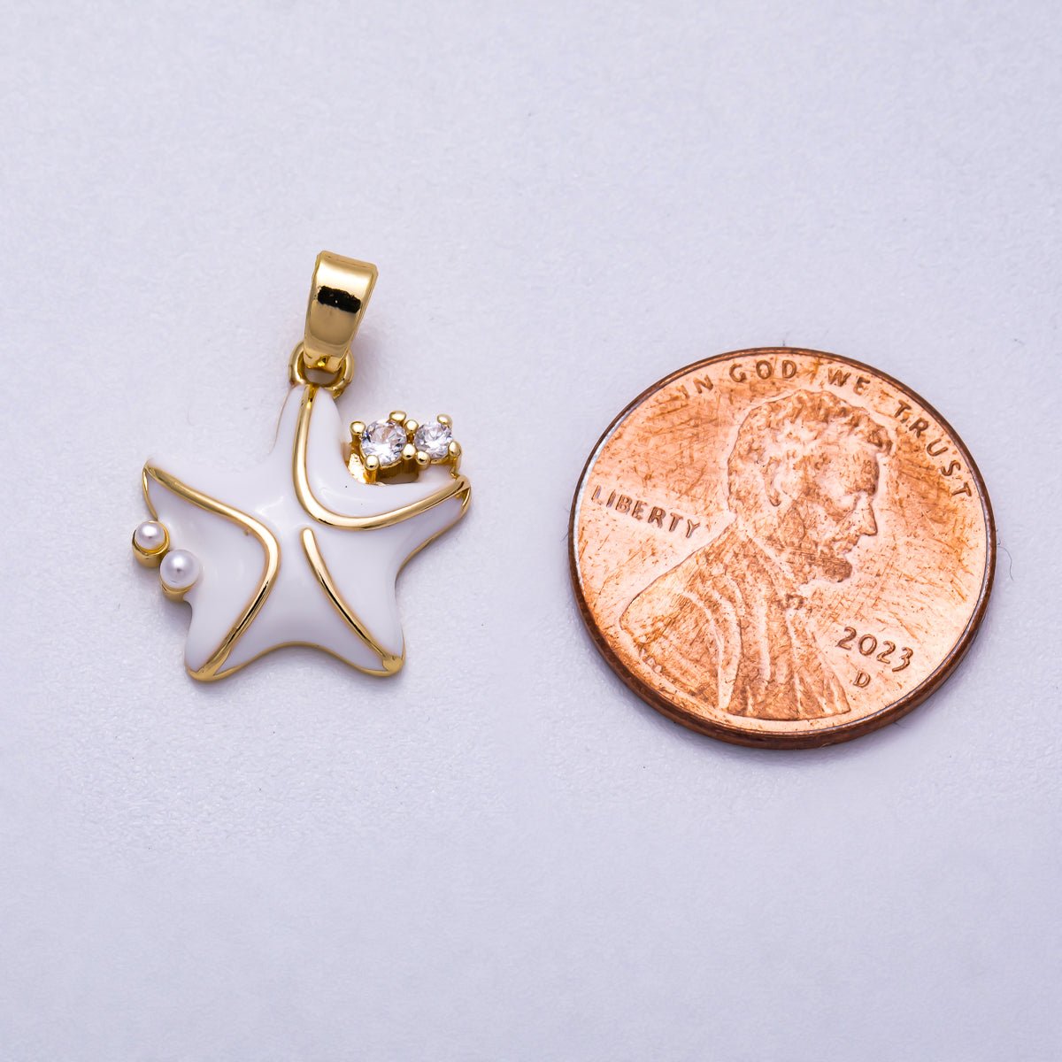 16K Gold Filled 16mm Clear CZ White Enamel Starfish Charm | Charms-00597