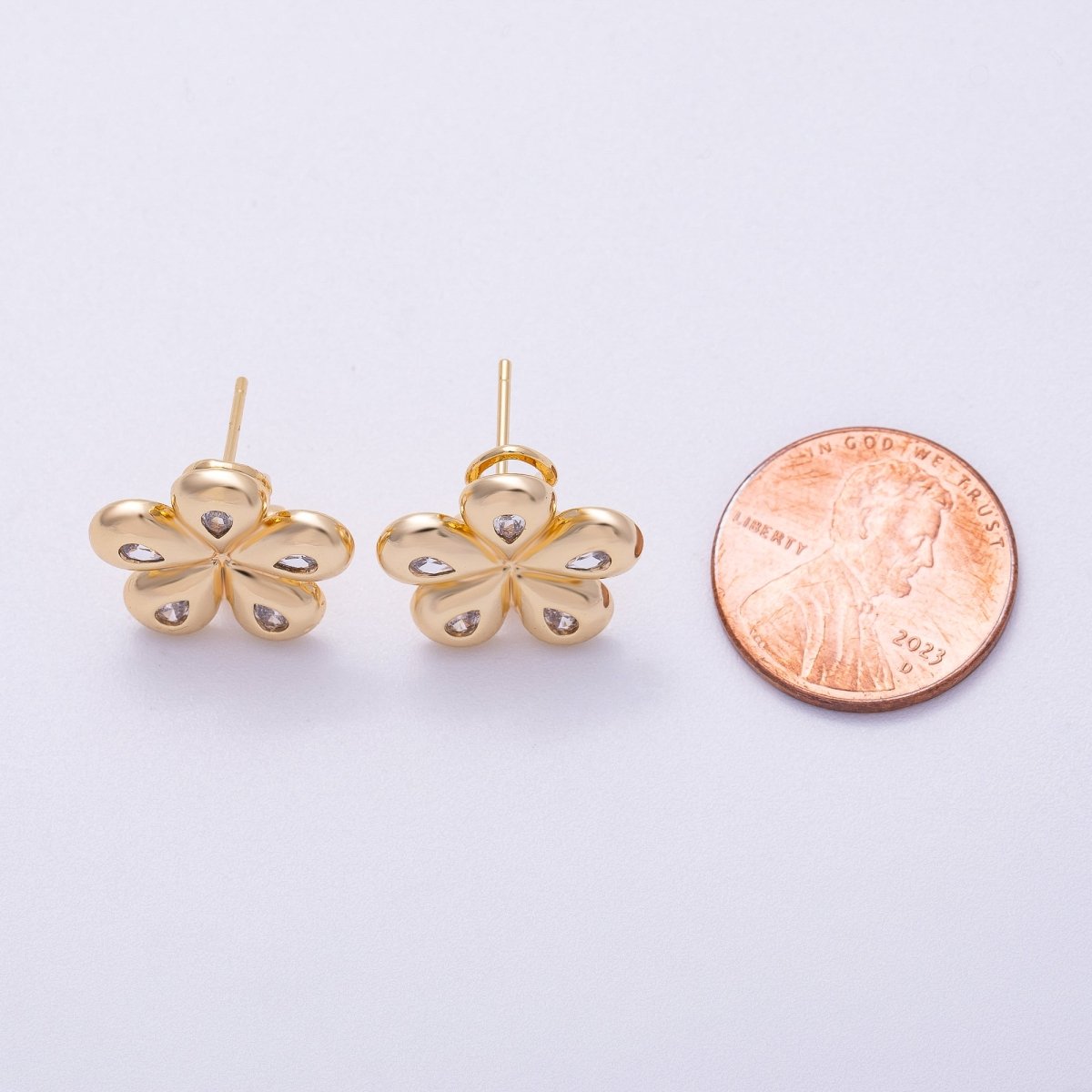16K Gold Filled 16mm Clear Teardrop CZ Chubby Flower Stud Earrings | Earrings-00323