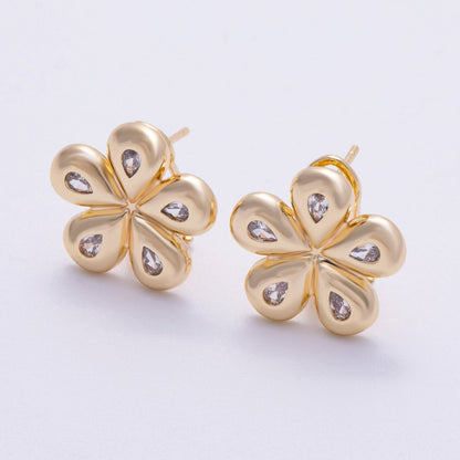 16K Gold Filled 16mm Clear Teardrop CZ Chubby Flower Stud Earrings | Earrings-00323