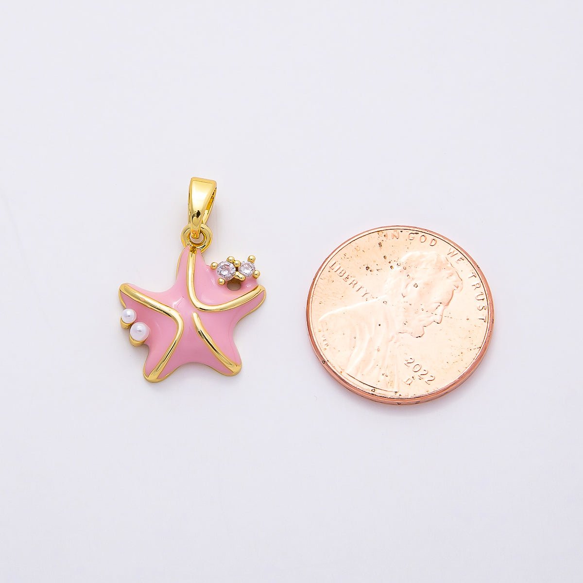 16K Gold Filled 16mm CZ Pink Enamel Shell Pearl Starfish Charm | Charms-00846