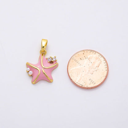16K Gold Filled 16mm CZ Pink Enamel Shell Pearl Starfish Charm | Charms-00846