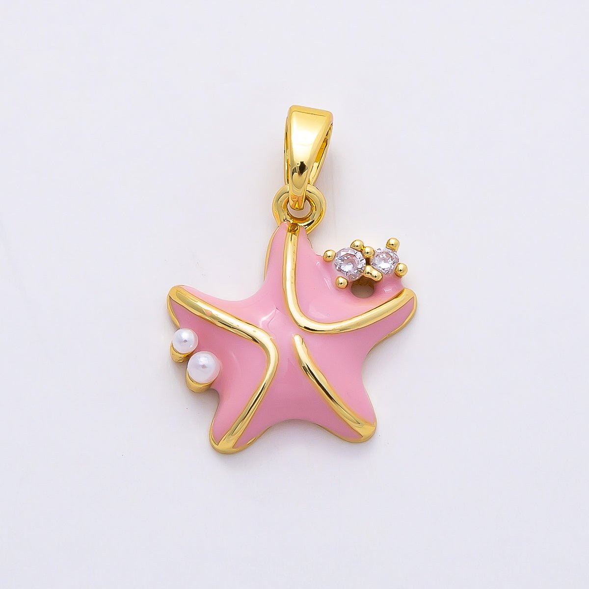 16K Gold Filled 16mm CZ Pink Enamel Shell Pearl Starfish Charm | Charms-00846