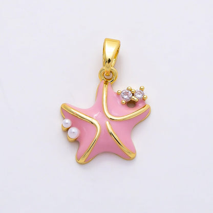 16K Gold Filled 16mm CZ Pink Enamel Shell Pearl Starfish Charm | Charms-00846