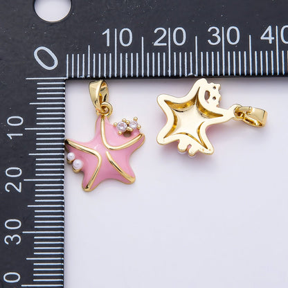 16K Gold Filled 16mm CZ Pink Enamel Shell Pearl Starfish Charm | Charms-00846