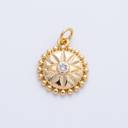 16K Gold Filled 16mm Evil Eye Sunburst Dotted Round Charm | Charms-00399