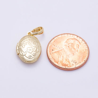 16K Gold Filled 16mm Flower Engraved Oval Locket Pendant | Charms-01382
