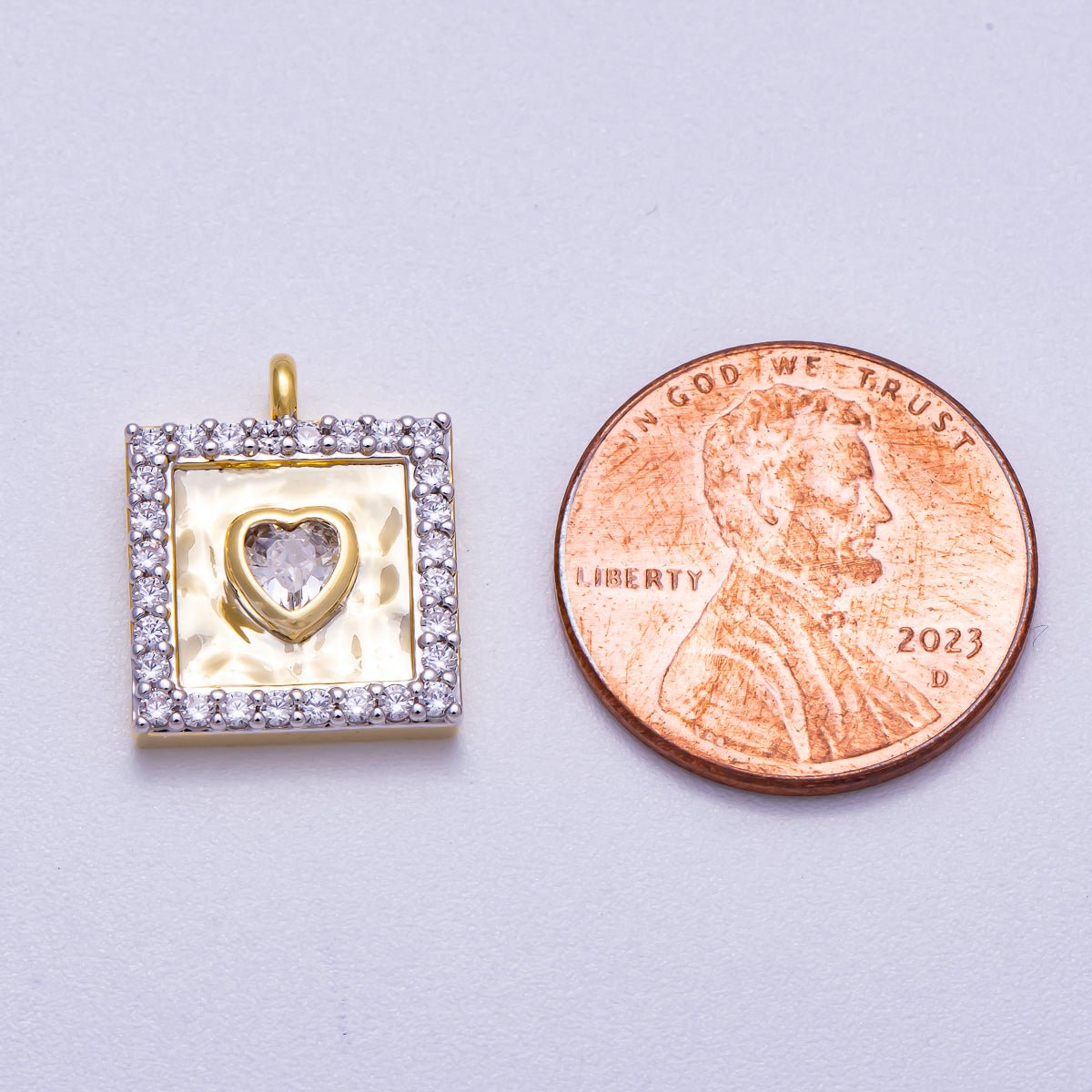 16K Gold Filled 16mm Micro Paved CZ Heart Bezel Hammered Square Charm | Charms-00573