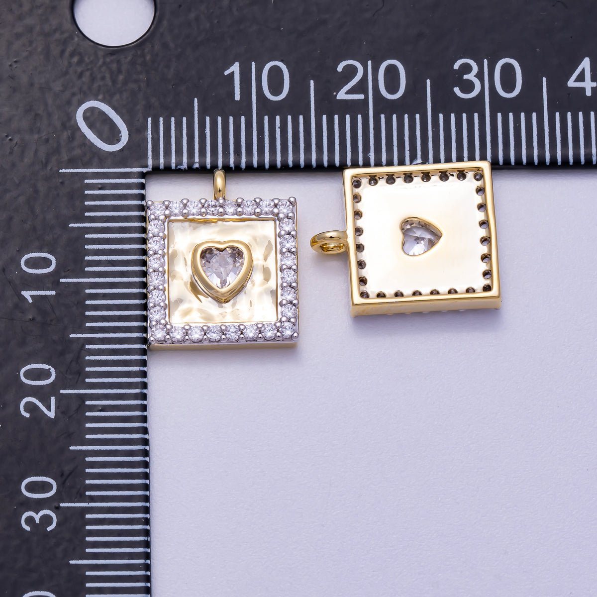 16K Gold Filled 16mm Micro Paved CZ Heart Bezel Hammered Square Charm | Charms-00573