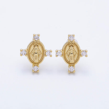 16K Gold Filled 16mm Micro Paved CZ Mother Mary Oval Religious Stud Earrings | Earrings-00348